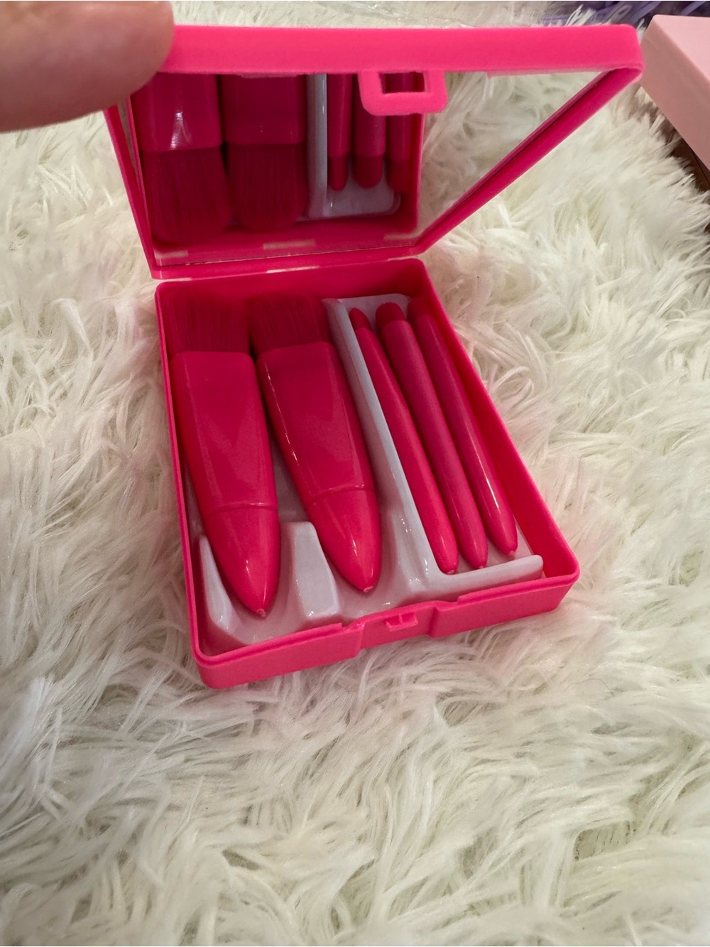Hot Pink Compact Brush & Applicator Set of 5 w/mirror foldable